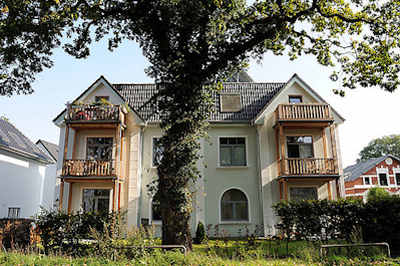 9195 Wohngebude - Mehrfamilienhaus - mchtige Eiche mit Efeu bewachsen als Strassenbaum.